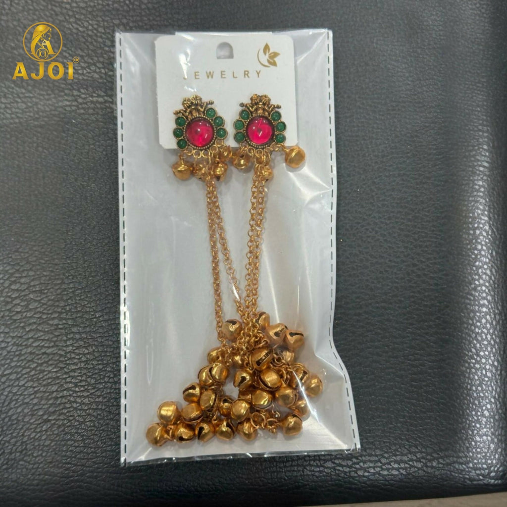 Kashmiri Gold-Plated Ear Cuff Chain Earrings – Ruby & Emerald Stones