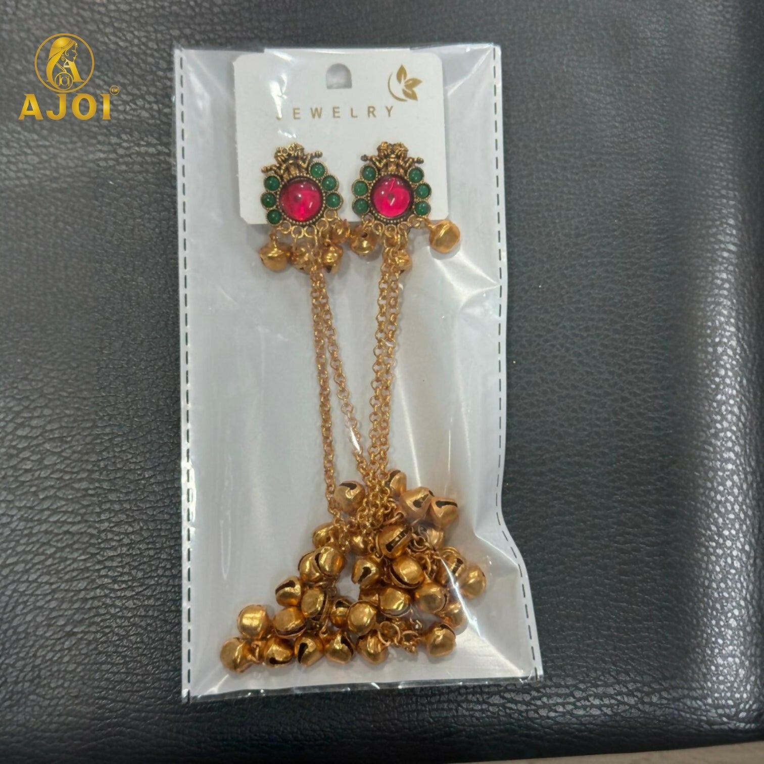 Kashmiri Gold-Plated Ear Cuff Chain Earrings – Ruby & Emerald Stones