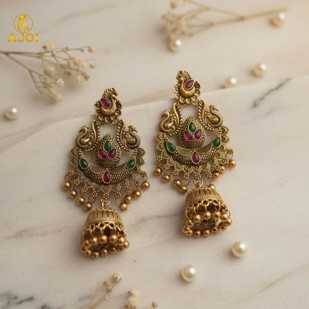 Peacock Jhumka Earrings – Gold Plated with Green & Pink Stones