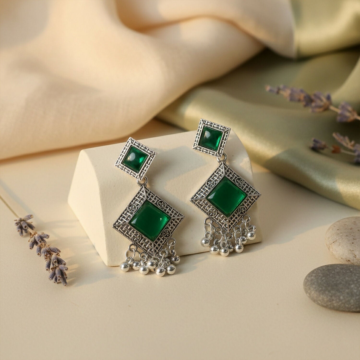 Oxidised Indian Earrings – Traditional Dangler with Green Monalisa Stones