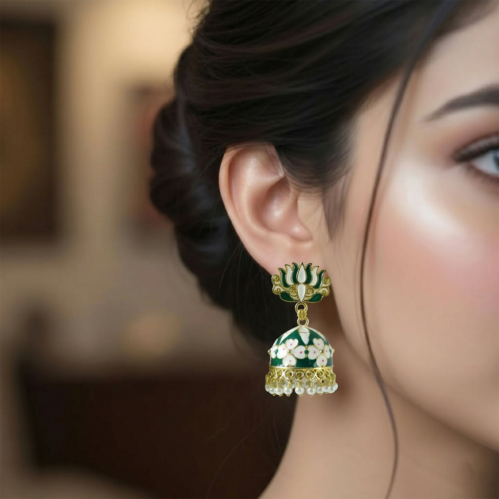 Green Lotus Jhumka Earrings – Elegant Pearl Detail for Women