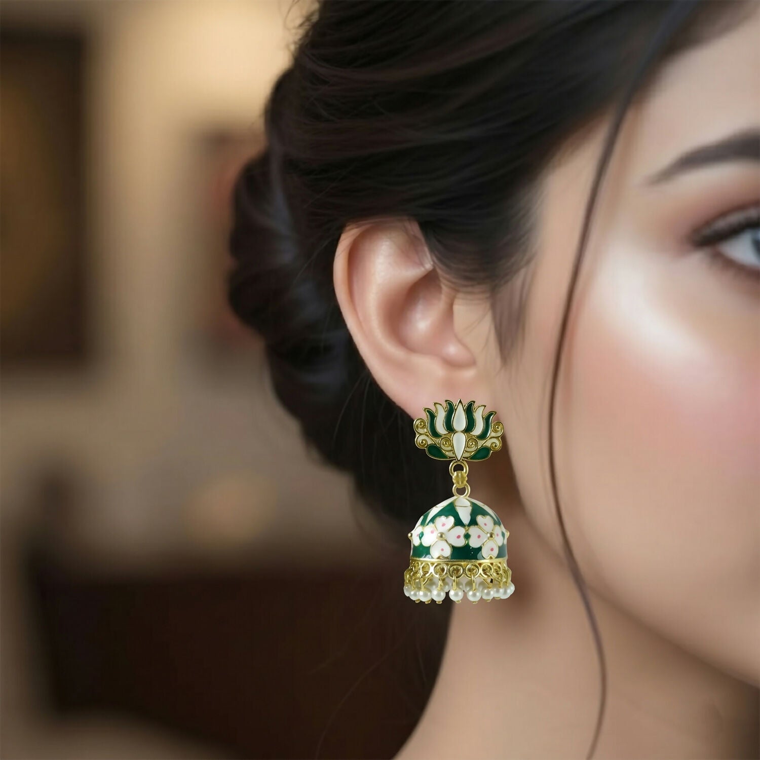 Green Lotus Jhumka Earrings – Elegant Pearl Detail for Women