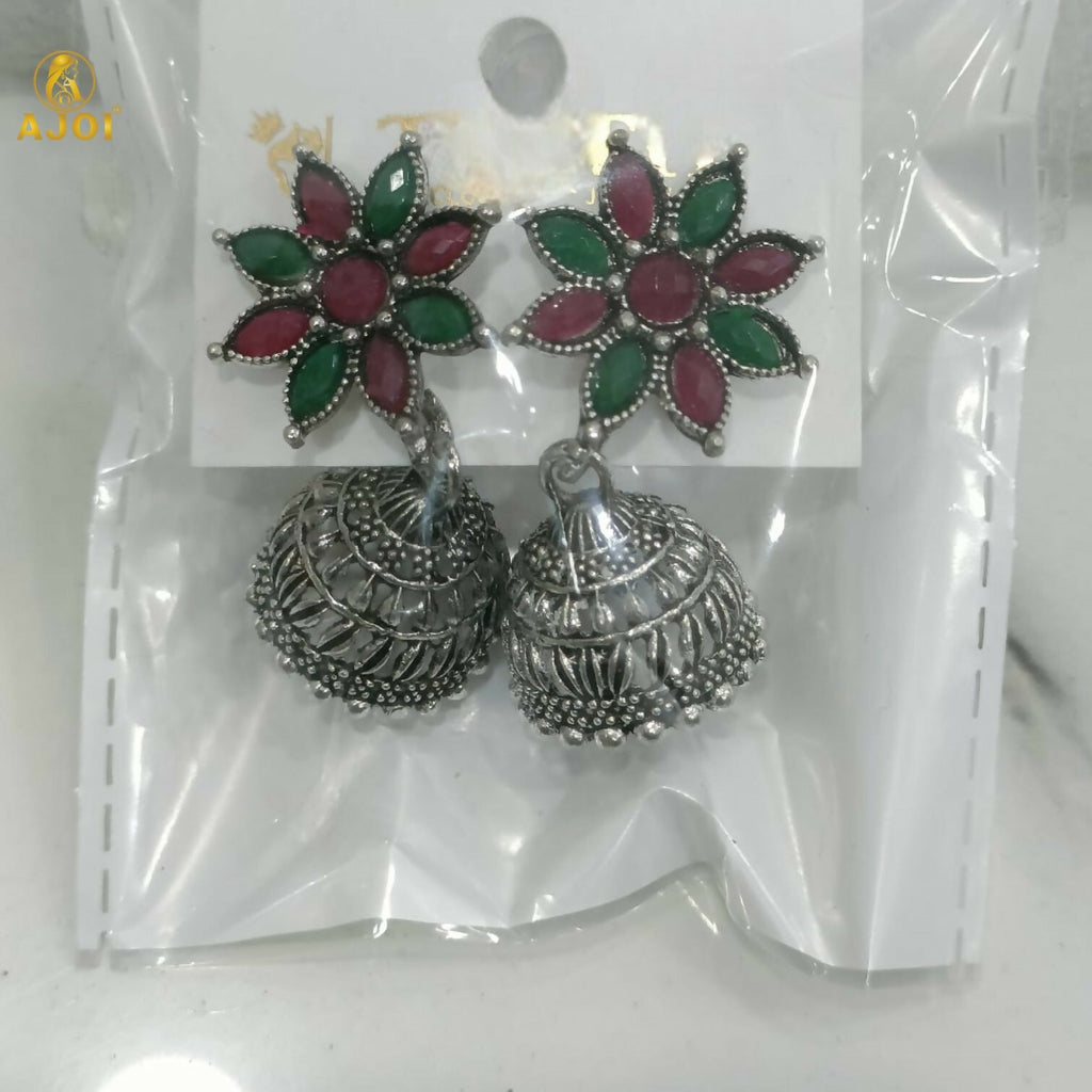 Floral Jhumka Earrings – Elegant Oxidized Silver Design