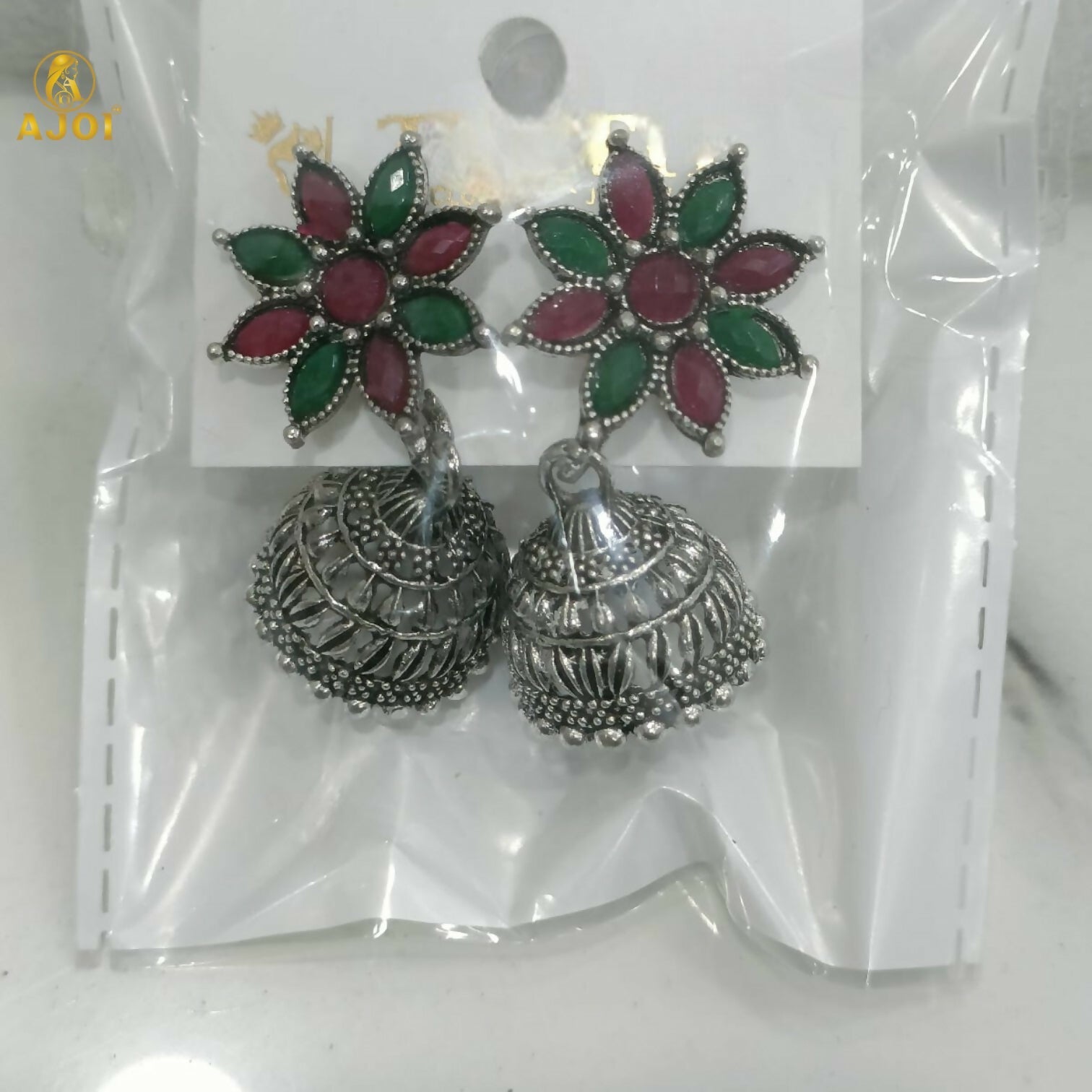 Floral Jhumka Earrings – Elegant Oxidized Silver Design