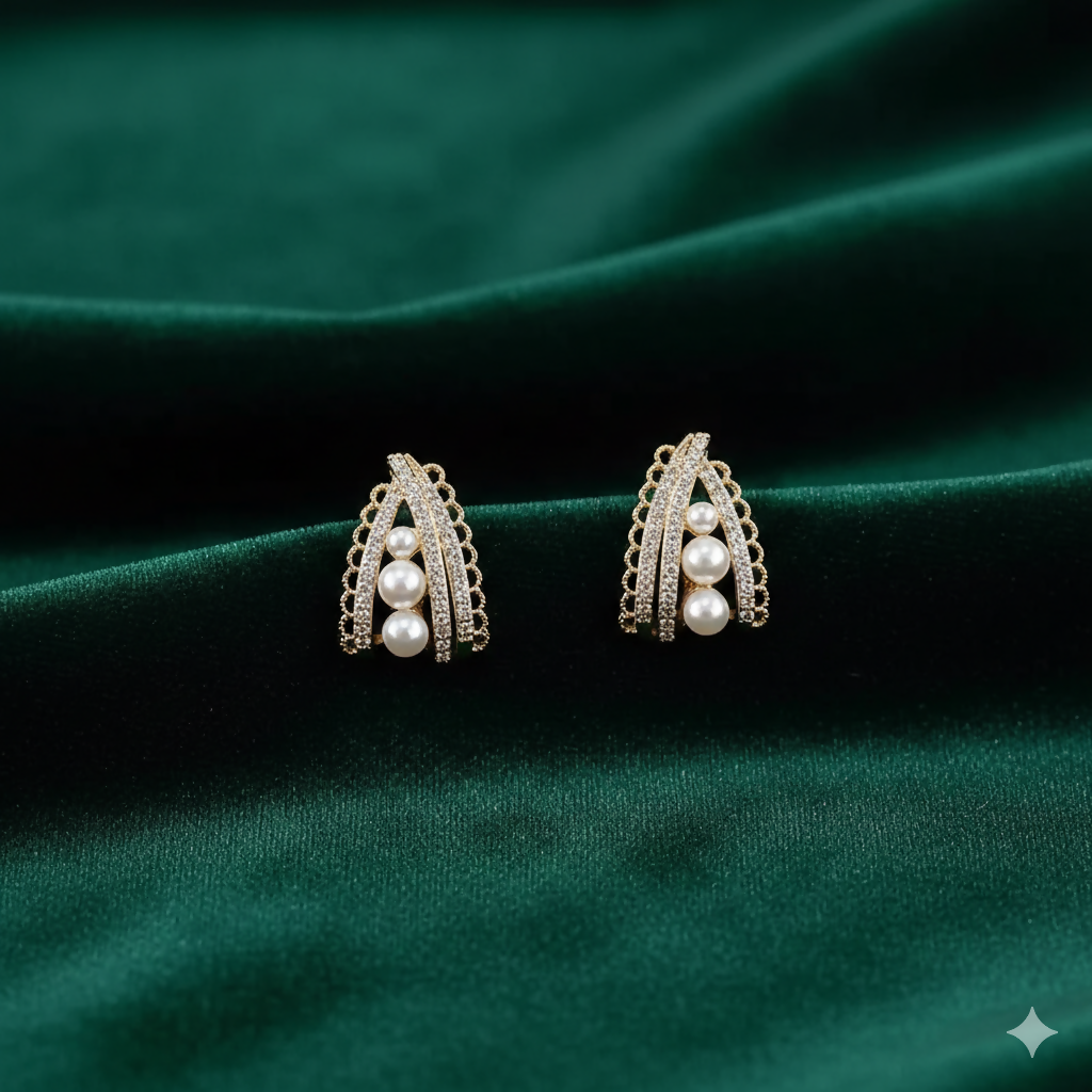 Pearl Stud Earrings – Korean Crystal Arch & Triple Pearl Design
