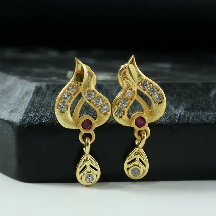 Gold Tone Leaf Earrings with Ruby Accent and Hanging Drop