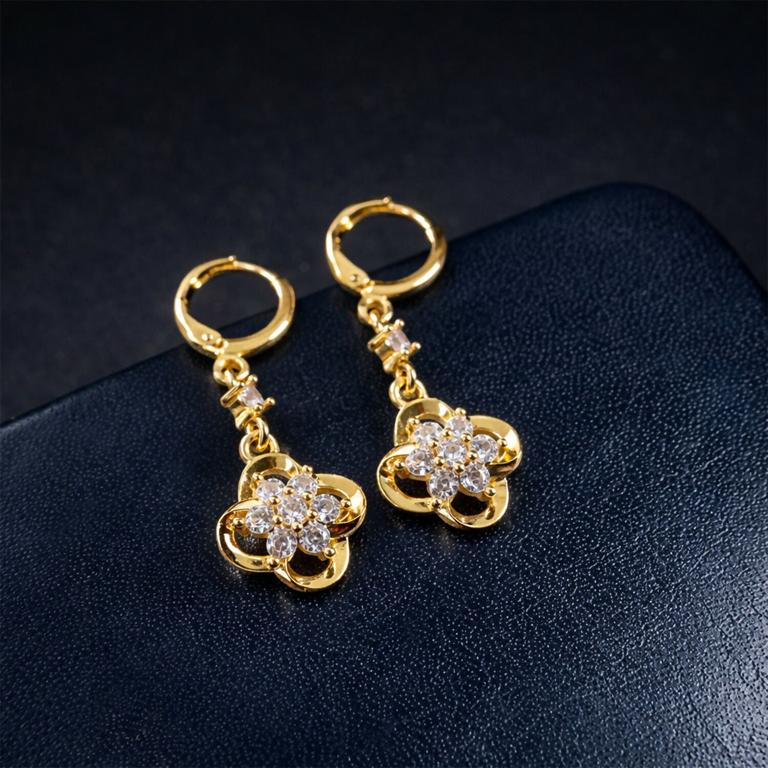 Gold-Tone Crystal Floral Hoop Earrings – Elegant Drop Design