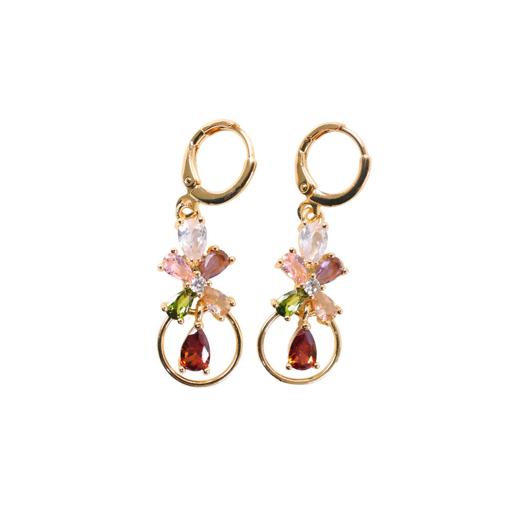Floral Crystal Hoop Earrings – Elegant Multicolor Gold-Tone Drop