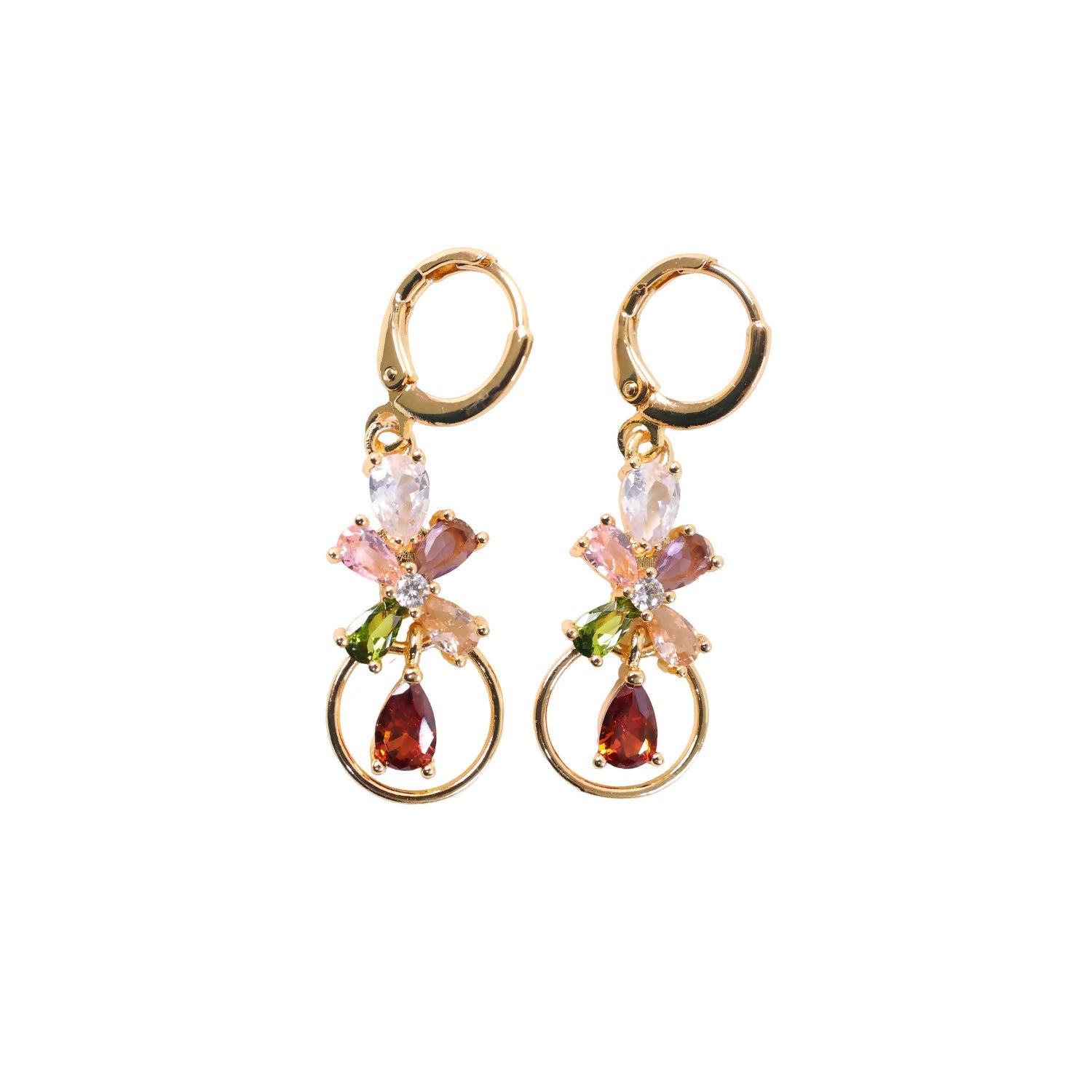 Floral Crystal Hoop Earrings – Elegant Multicolor Gold-Tone Drop