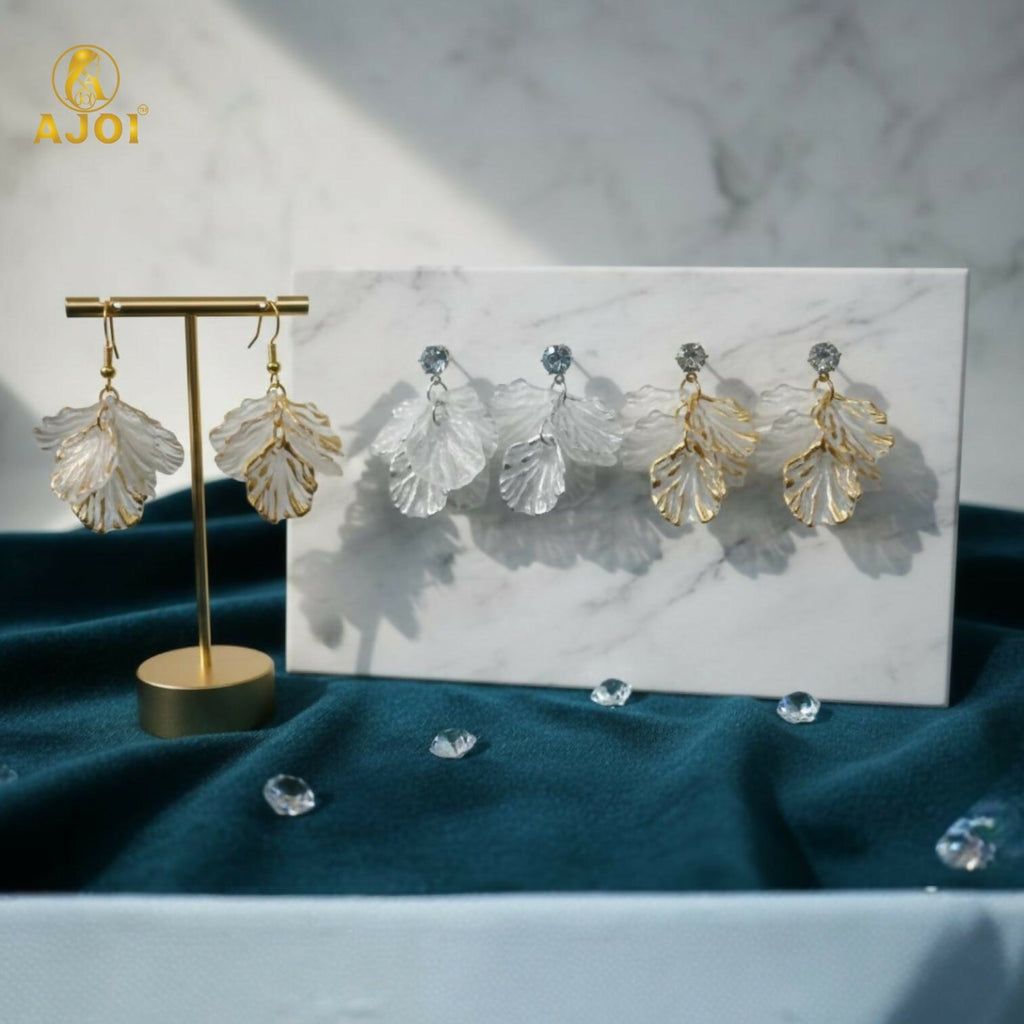 Transparent Leaf Drop Earrings Set – Elegant 3-Pair Combo in Gold & Silver