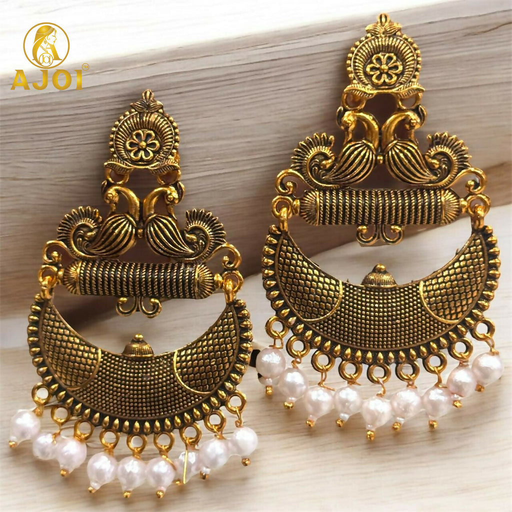 Antique Gold Tribal Chandbali Earrings – Elegant Pearl Drops