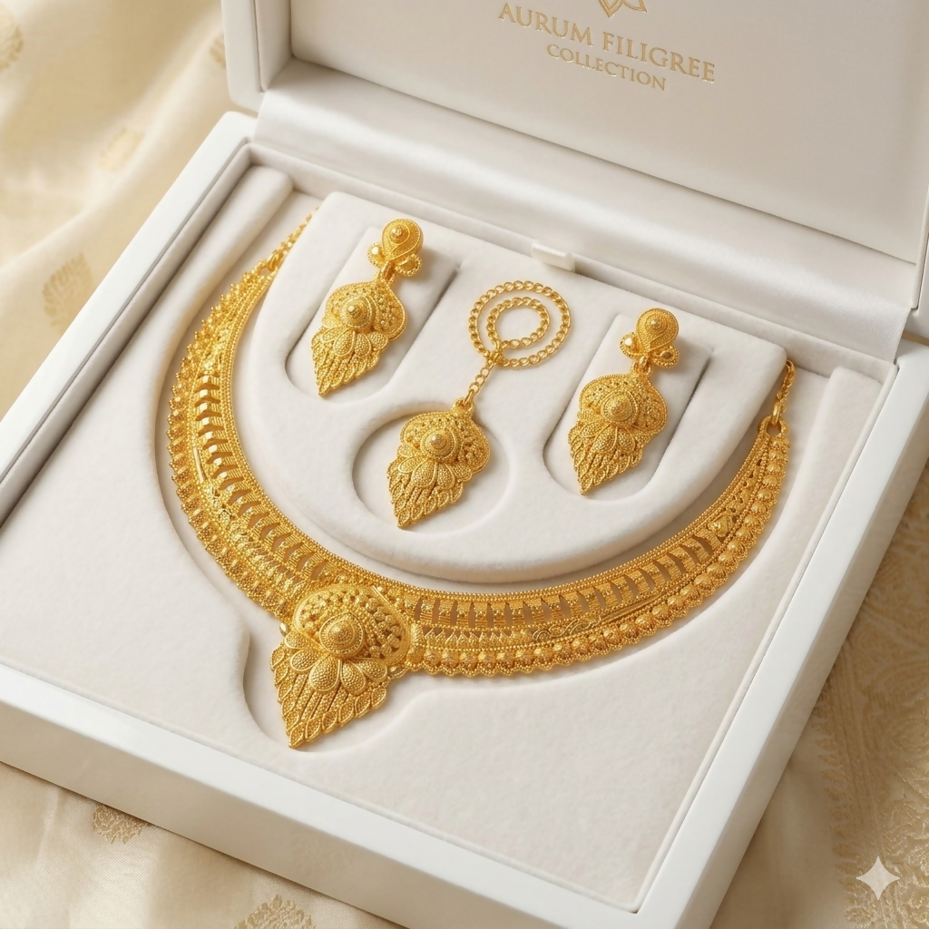 Traditional Gold Plated Haram Necklace Set with Earrings and Maang Tikka for Women