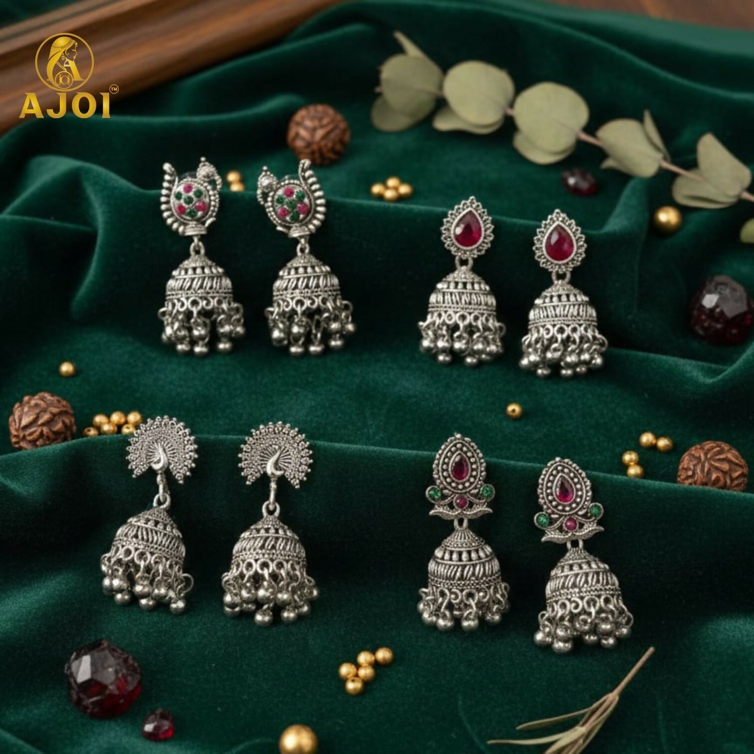 Oxidised Silver Jhumka Earrings Set – 4 Pairs with Intricate Stone Detailing