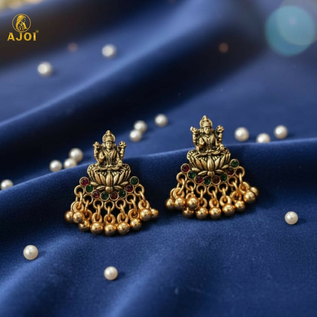 Lakshmi Idol Mini Jhumka Earrings – Antique Gold with Multicolor Stones