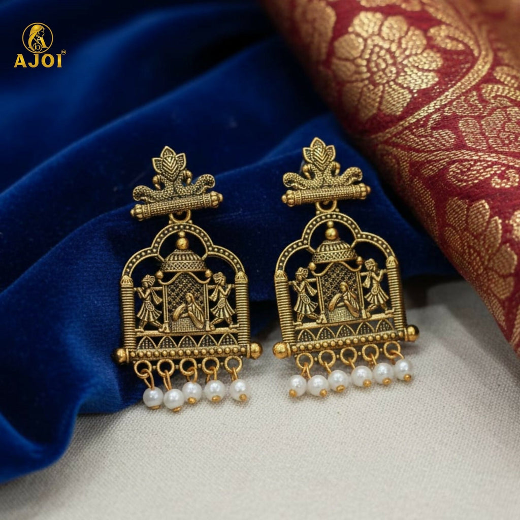 Royal Doli Motif Temple Earrings – Gold-Tone with Pearl Danglers