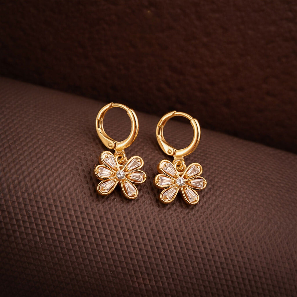 Gold-Tone Floral Hoop Earrings – Elegant Crystal Drop Design
