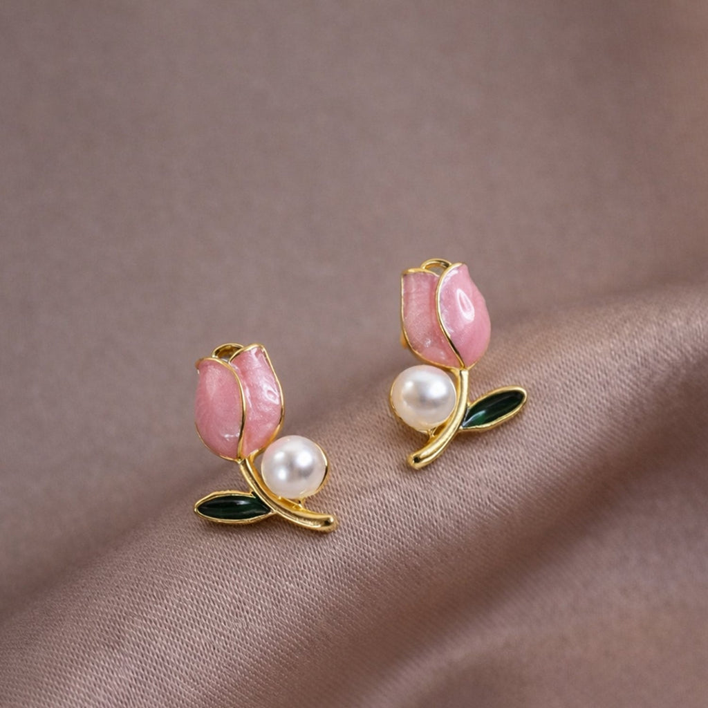 Pink Tulip Pearl Earrings – Elegant Gold Plated Studs