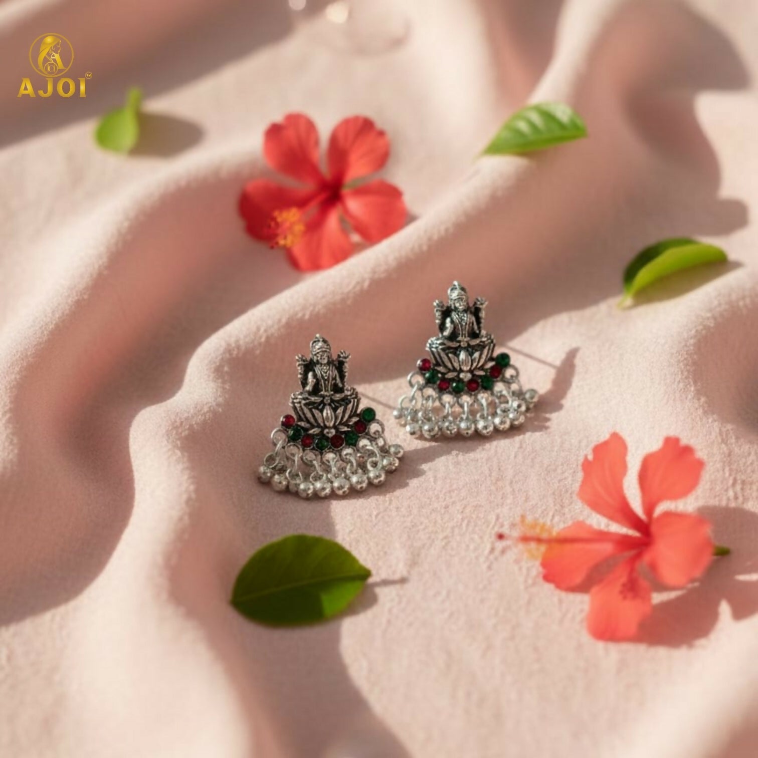 Lakshmi Idol Stud Earrings in Oxidized Silver with Multicolor Stones