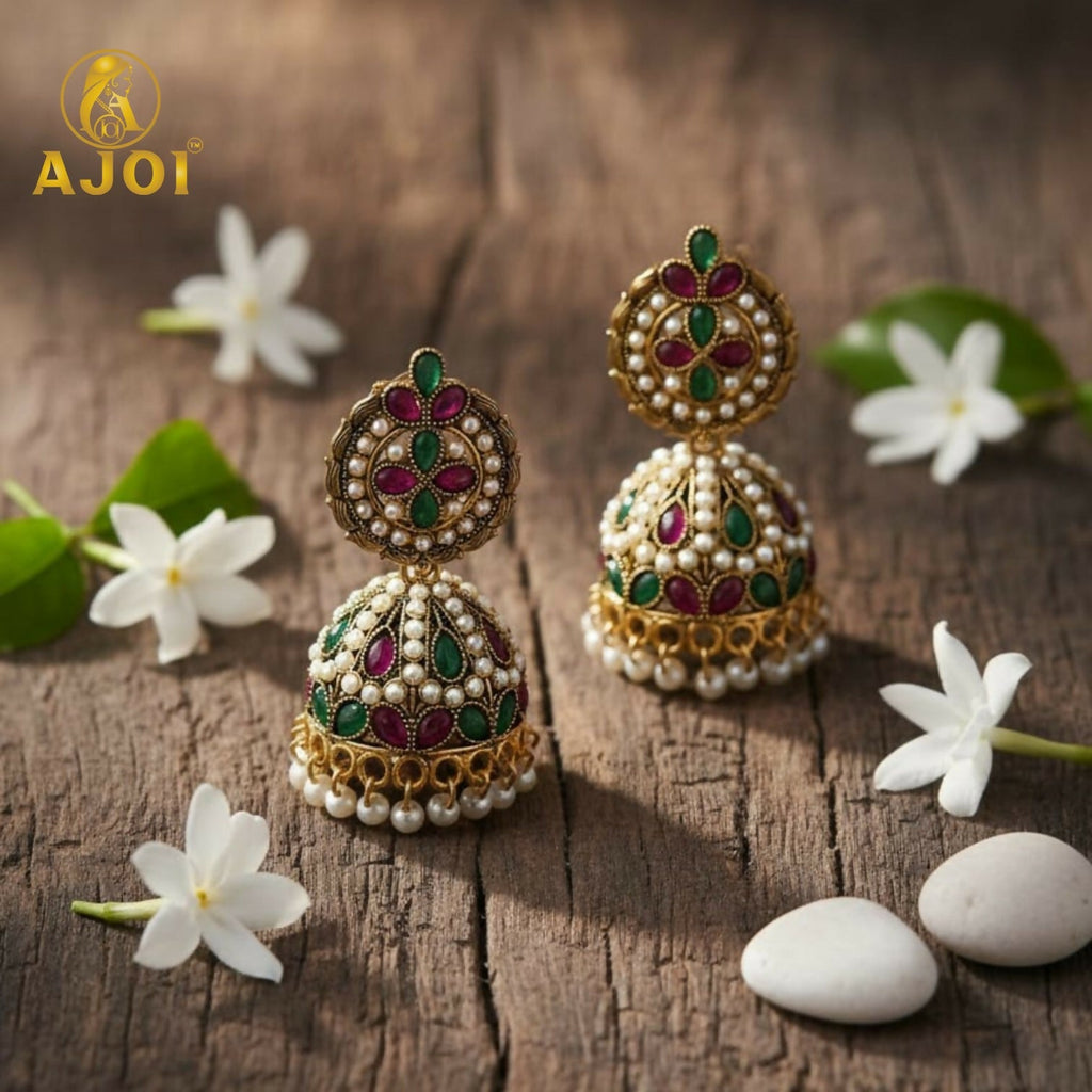 Traditional Kundan Jhumka Earrings – Handcrafted Ruby Emerald Bridal Jewelry