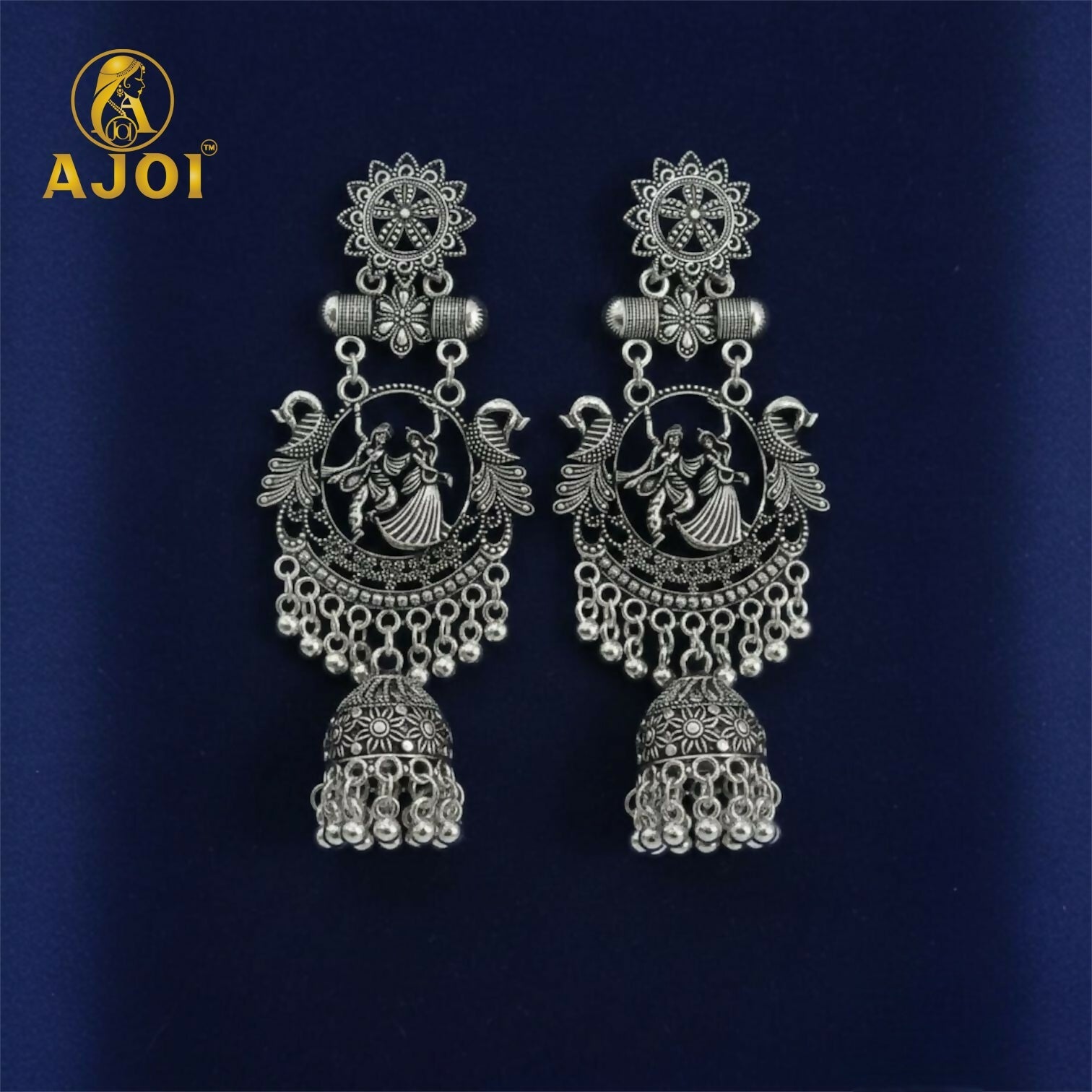 Radha Krishna Jhumka Earrings – Oxidised Silver Temple Jewellery with Ghungroo
