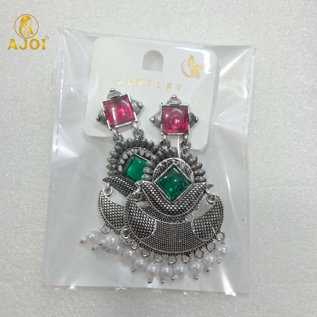 Chandbali Earrings – Antique Silver Finish with Ruby & Green Stones
