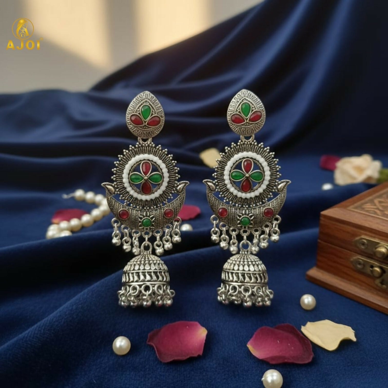 Oxidized Silver Jhumka Earrings – Multicolor Ethnic Elegance