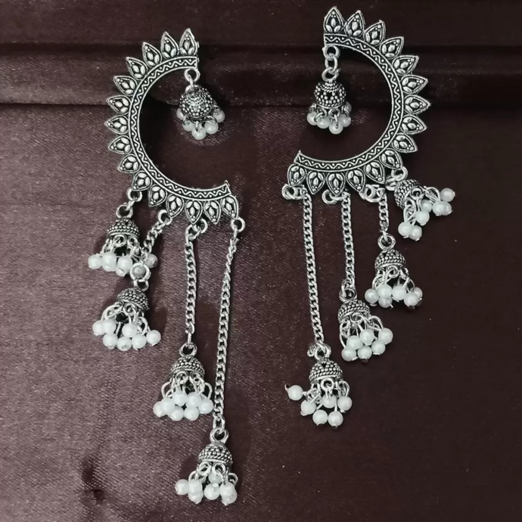 Oxidized Crescent Chandbali Earrings – Elegant Pearl Jhumka Drops