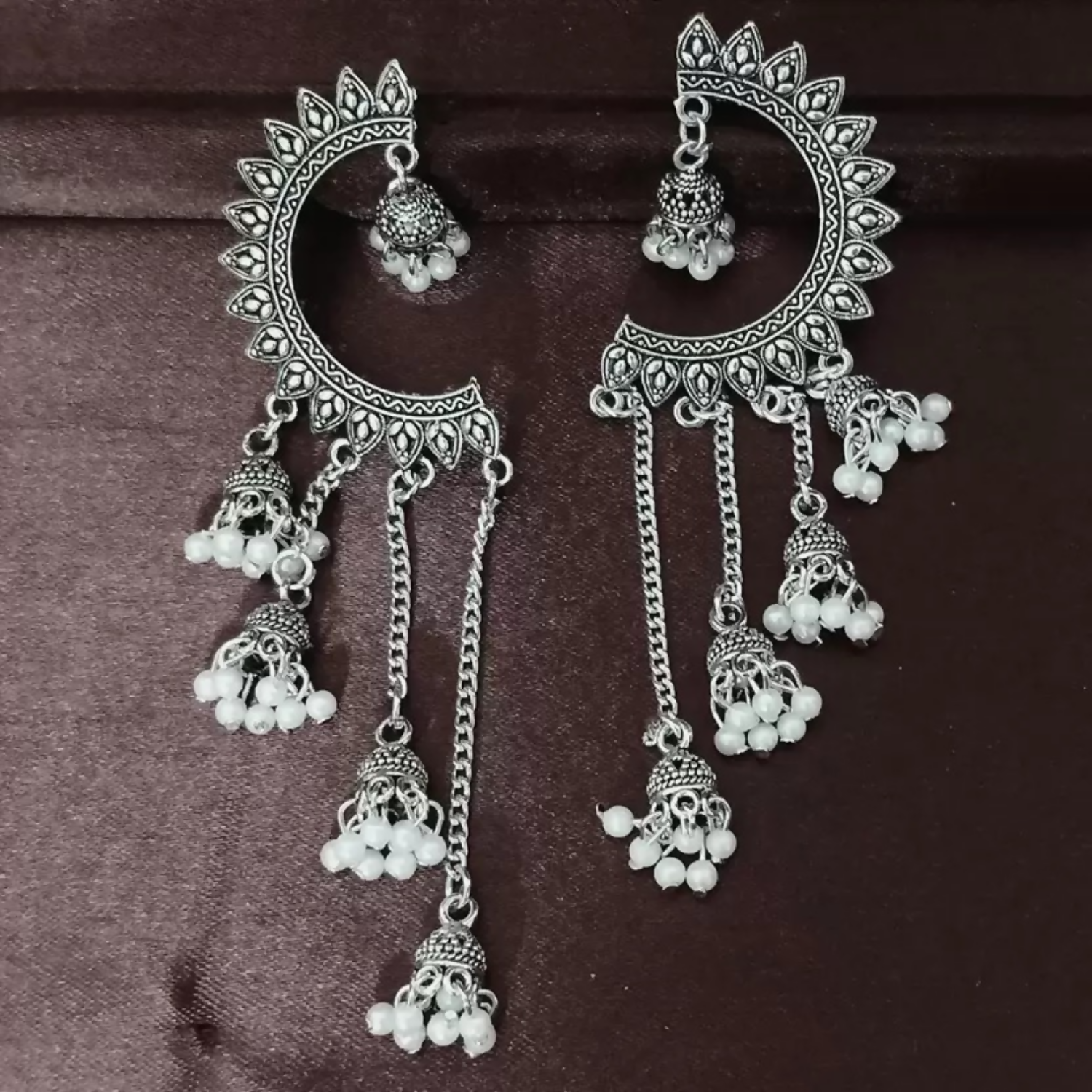 Oxidized Crescent Chandbali Earrings – Elegant Pearl Jhumka Drops