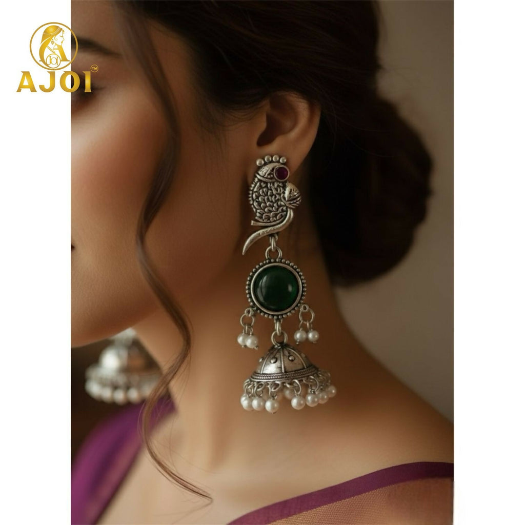 Peacock Jhumka Earrings – Handcrafted Antique Silver with Emerald & Pearl