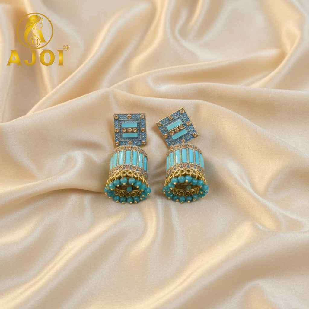 Turquoise Blue Designer Earrings – Elegant Gold Drop & Stone Accents