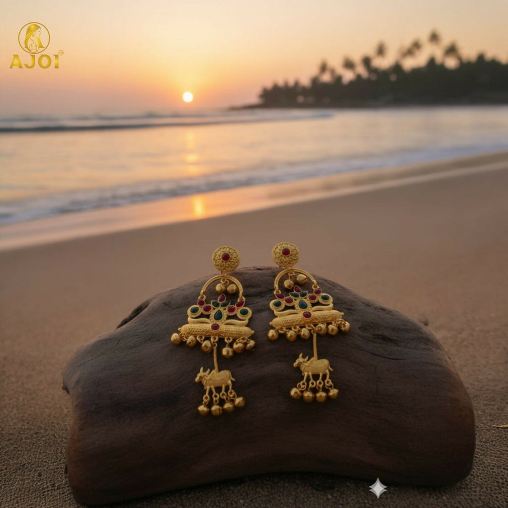 Antique Gold-Plated Tribal Drop Earrings With Red Green Stones