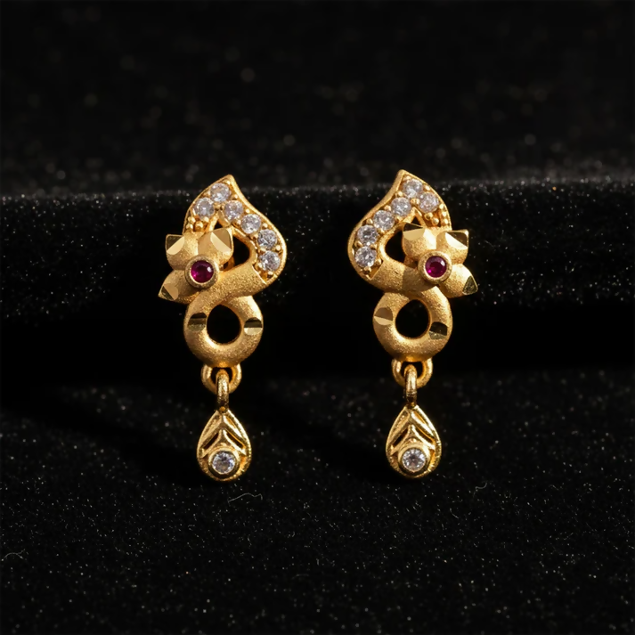 Gold Plated Earrings with Ruby & Crystal Drops – Elegant Shine