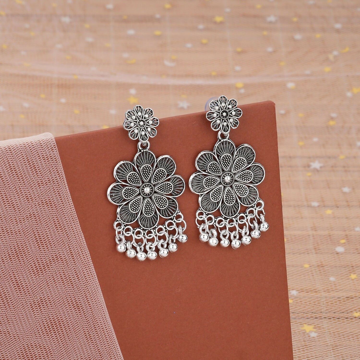 Oxidised Silver Jhumka Earrings – Layered Floral Design
