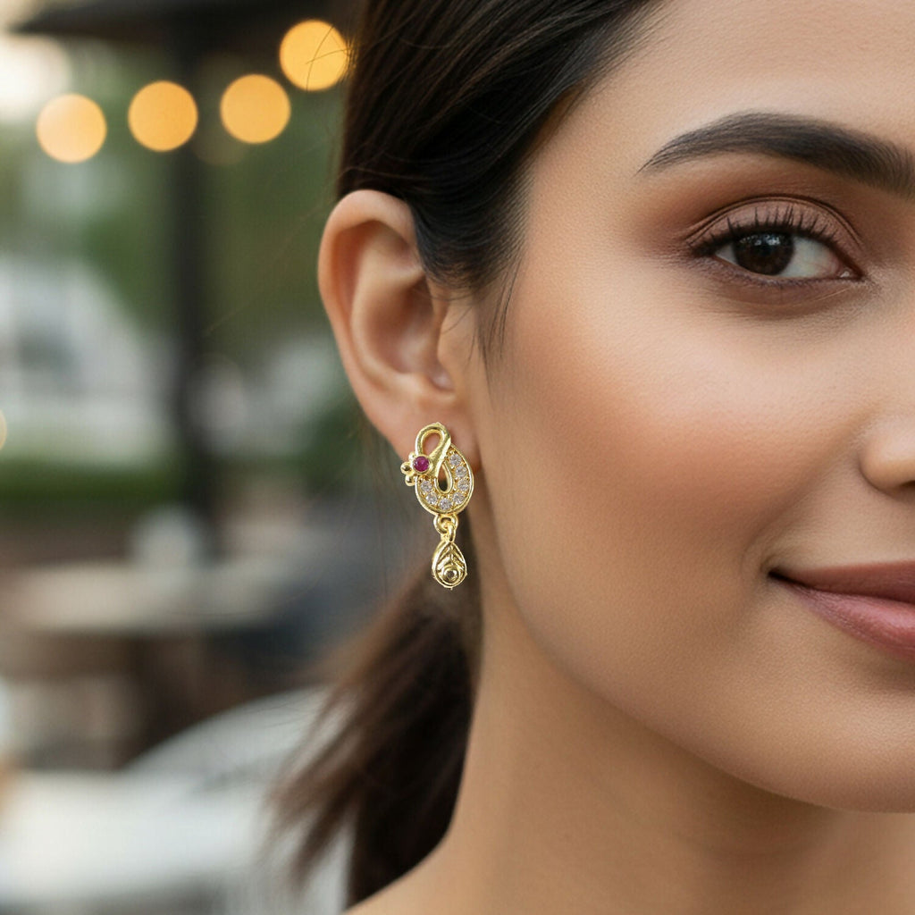 Gold Finish Earrings with Crystal & Red Stone Detailing – Elegant Style