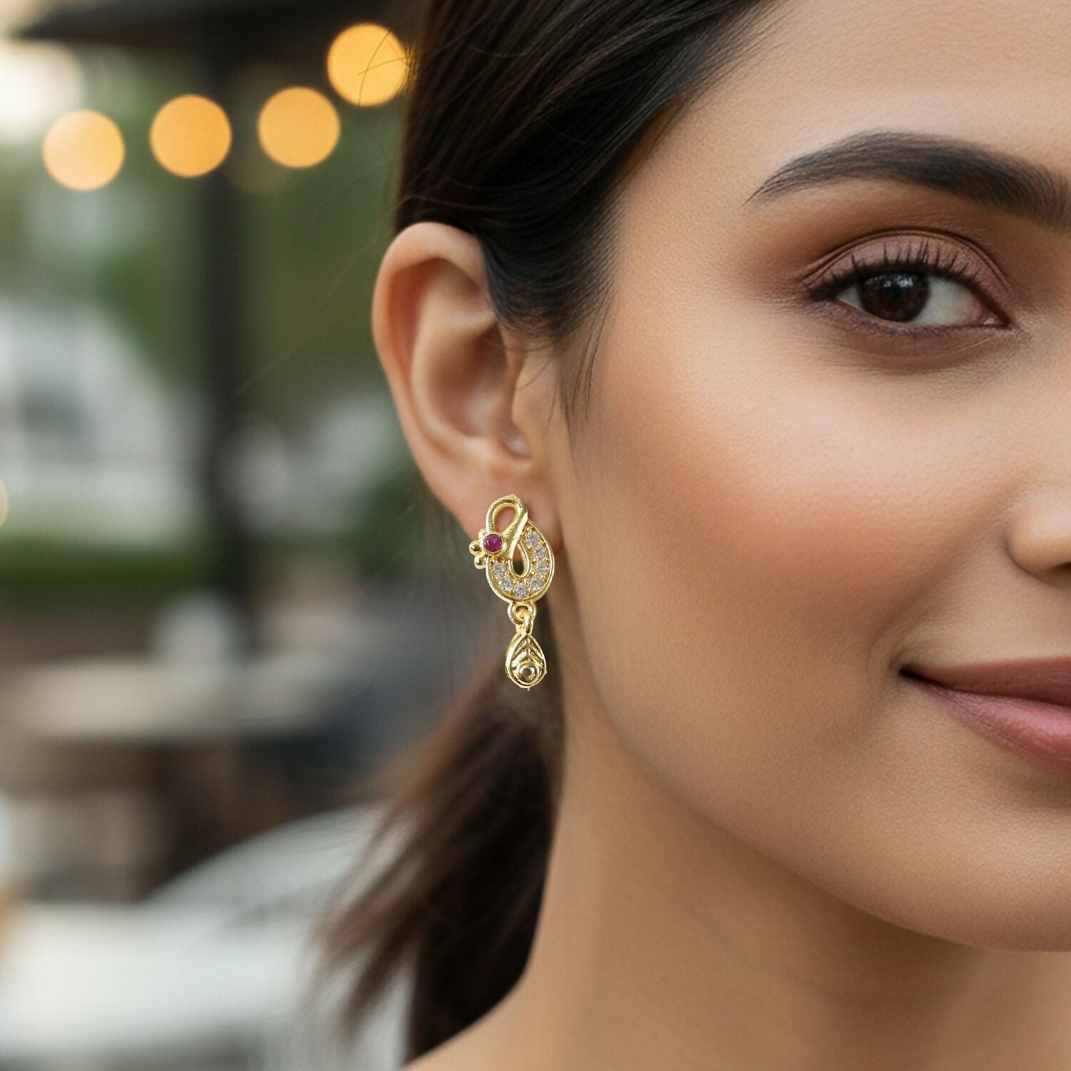 Gold Finish Earrings with Crystal & Red Stone Detailing – Elegant Style