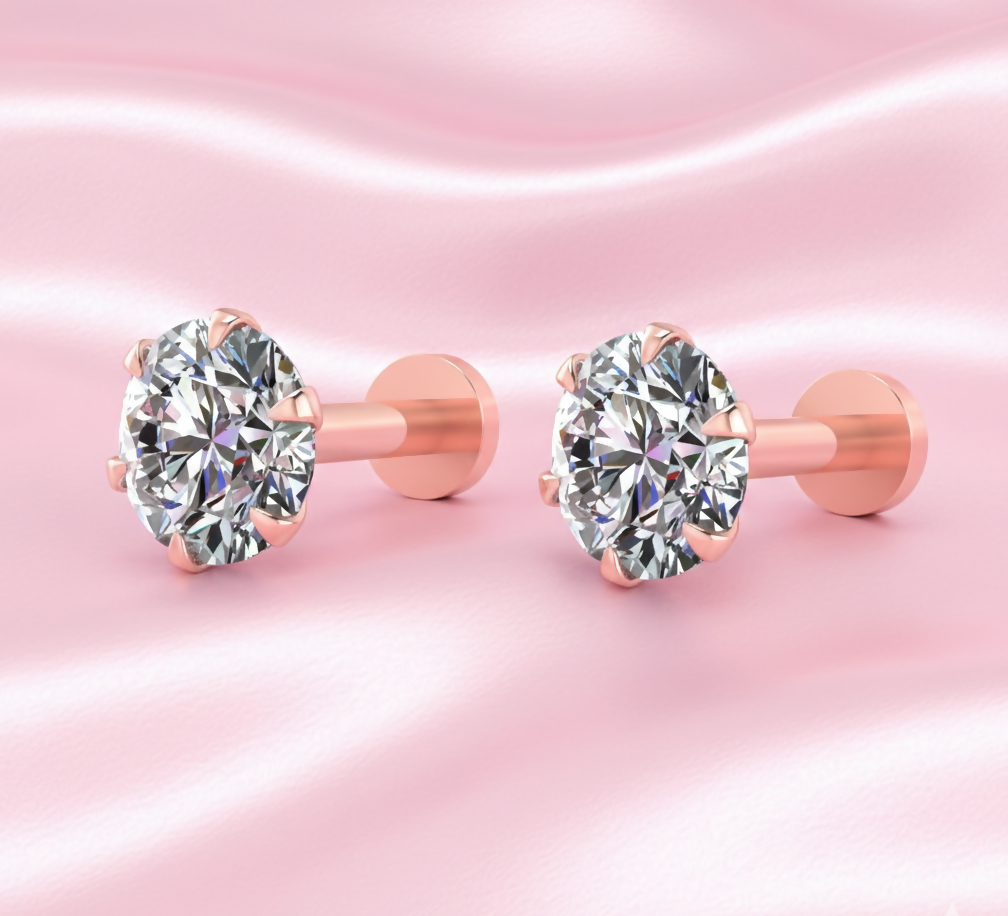Solitaire Stud Earrings – Rose Plated Flat-Back Comfort