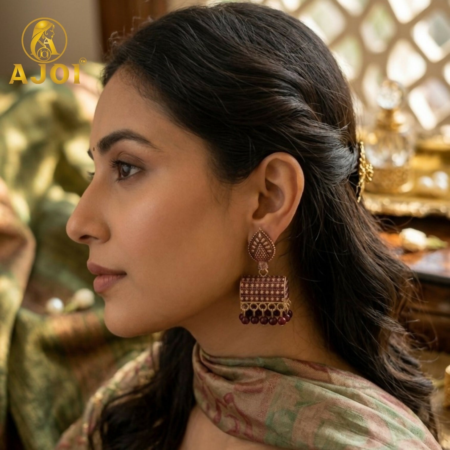 Gold-Plated Leaf Jhumka Earrings – Traditional Elegance & Style