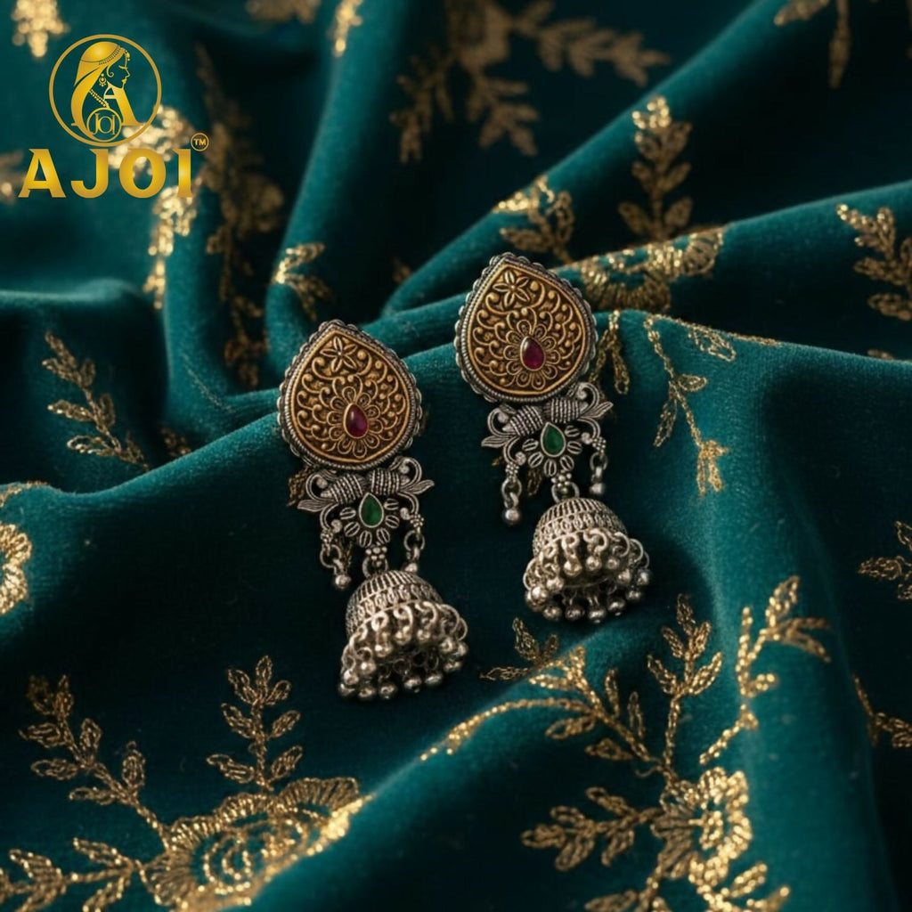 Dual Tone Stone Jhumka Earrings – Elegant Traditional Design