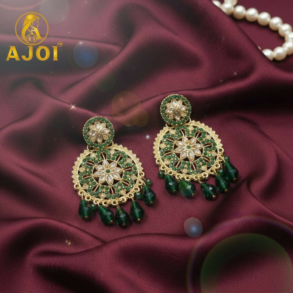 Green Floral Earrings – Elegant floral design with crystal embellishments