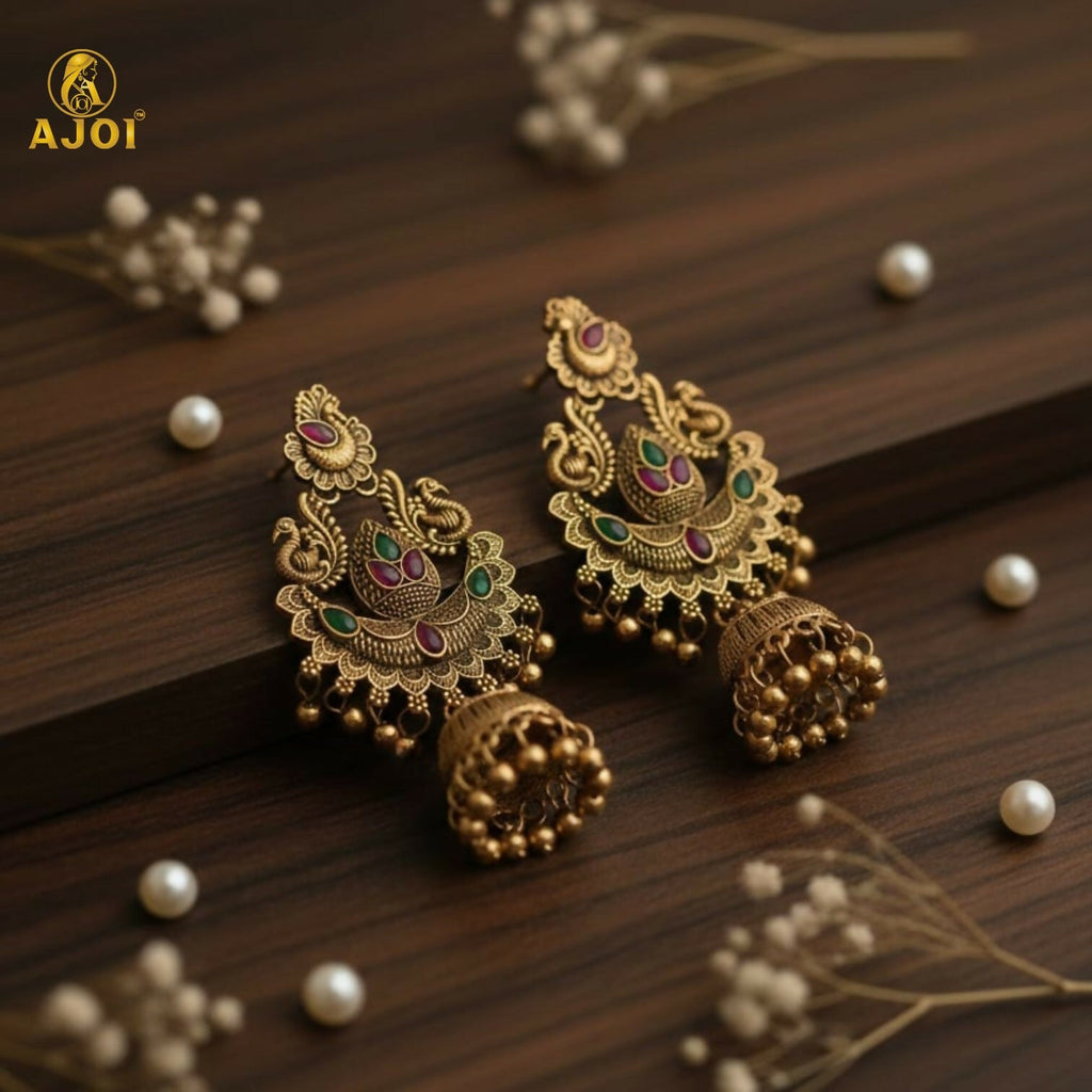 Peacock Jhumka Earrings – Gold Plated with Green & Pink Stones