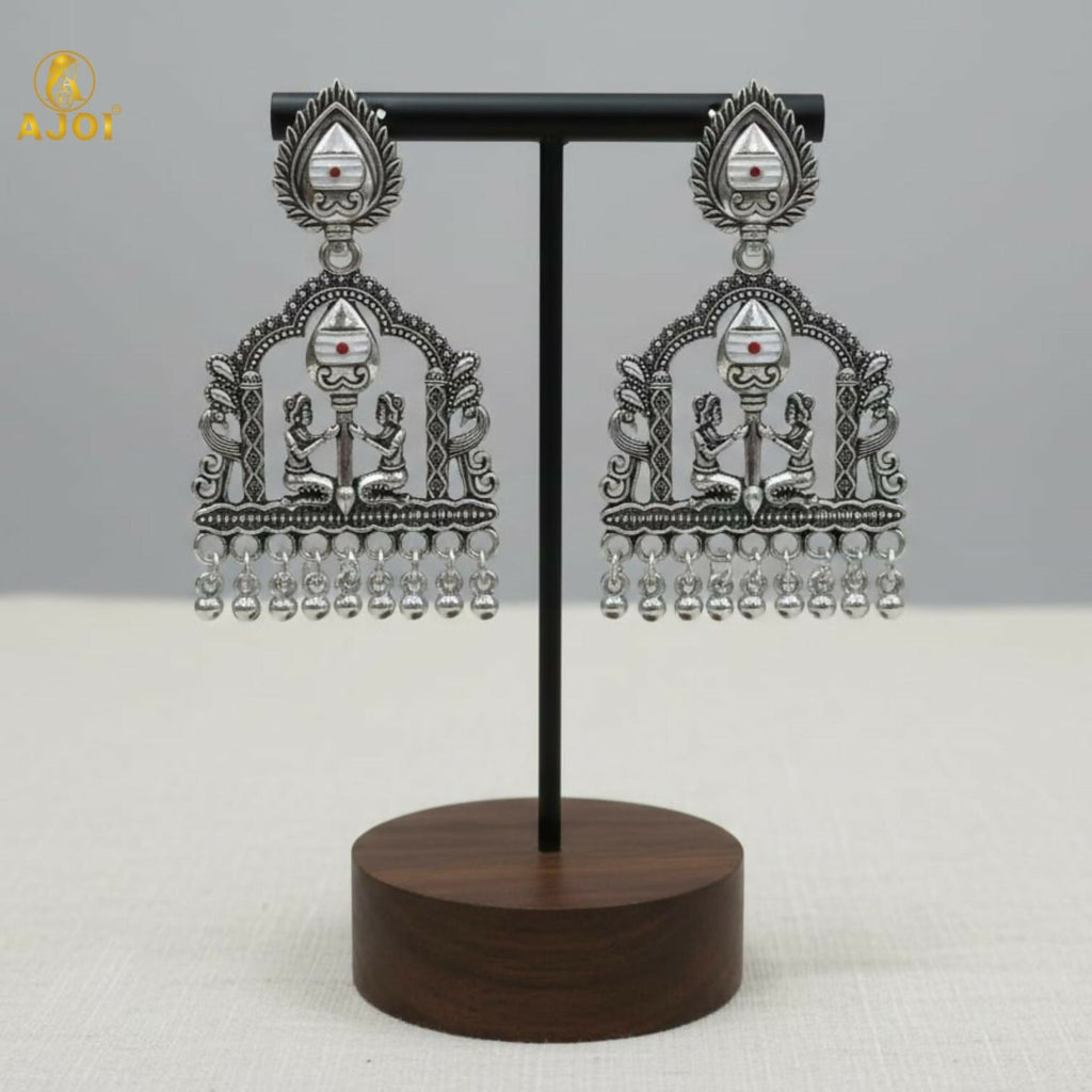Oxidized Silver Temple Earrings – White Pearl Traditional Charm