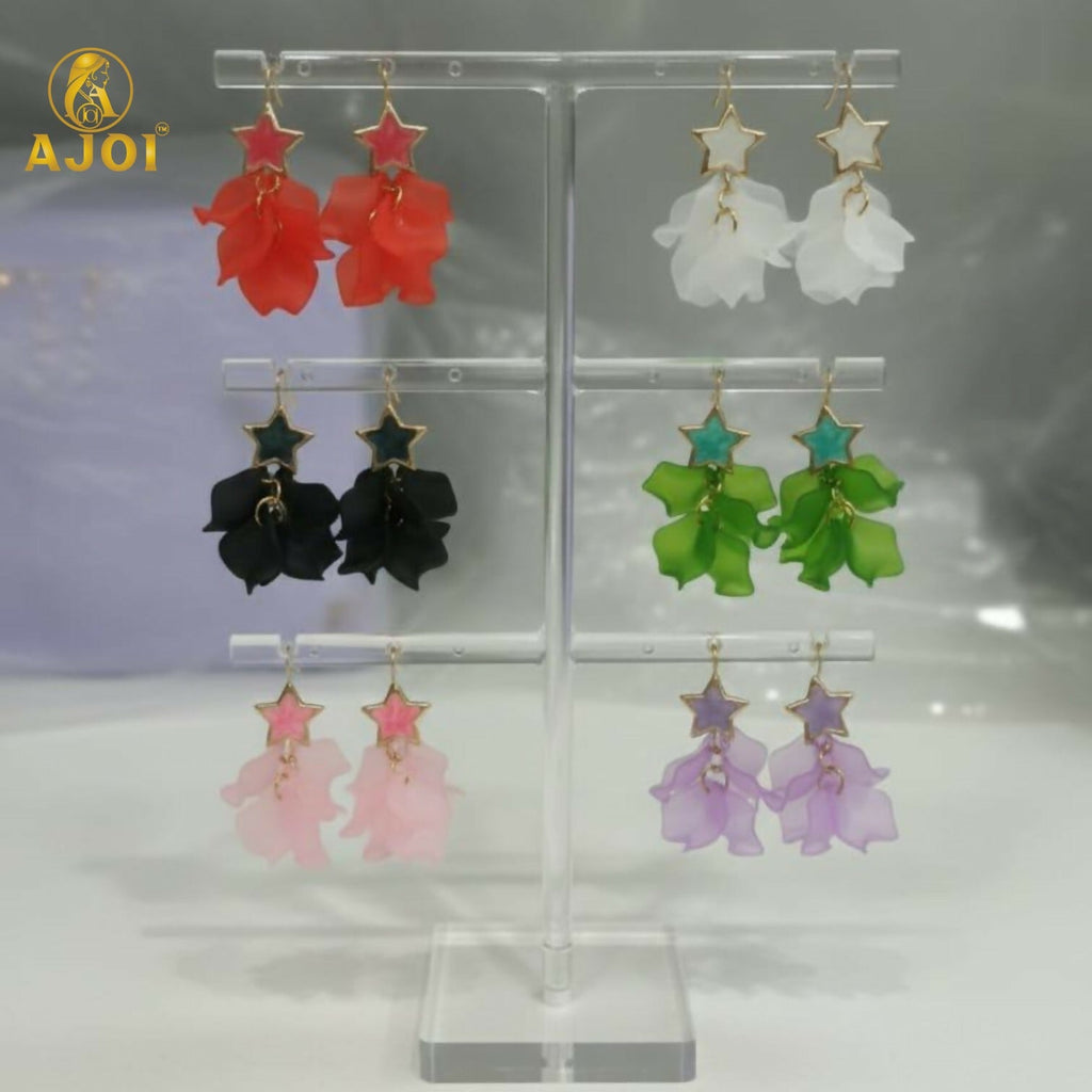 Luxury Floral Drop Earrings – Soft Matte Petal Layers with Star Studs