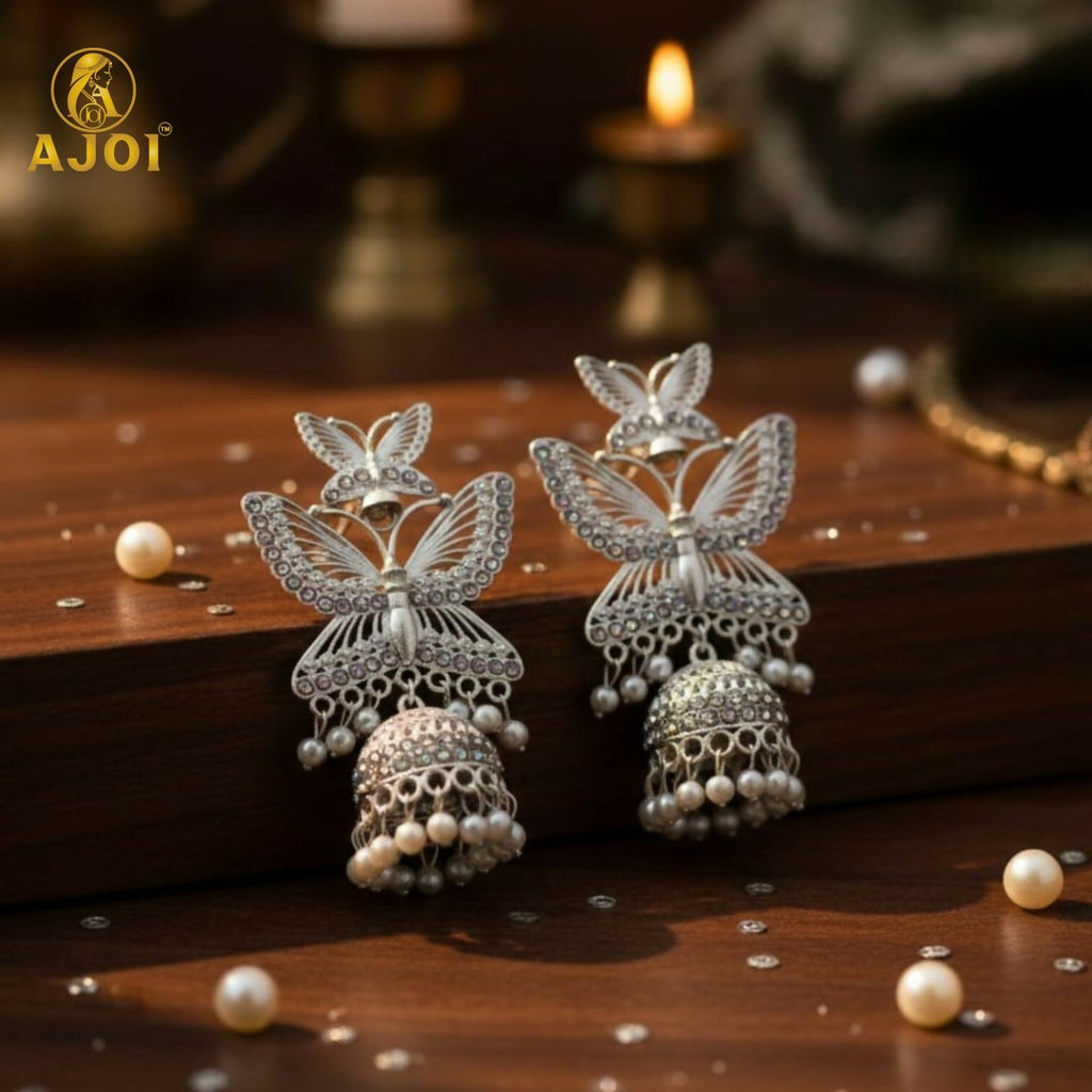 Butterfly Designer Jhumka Earrings – Silver Plated with Pearl Drops