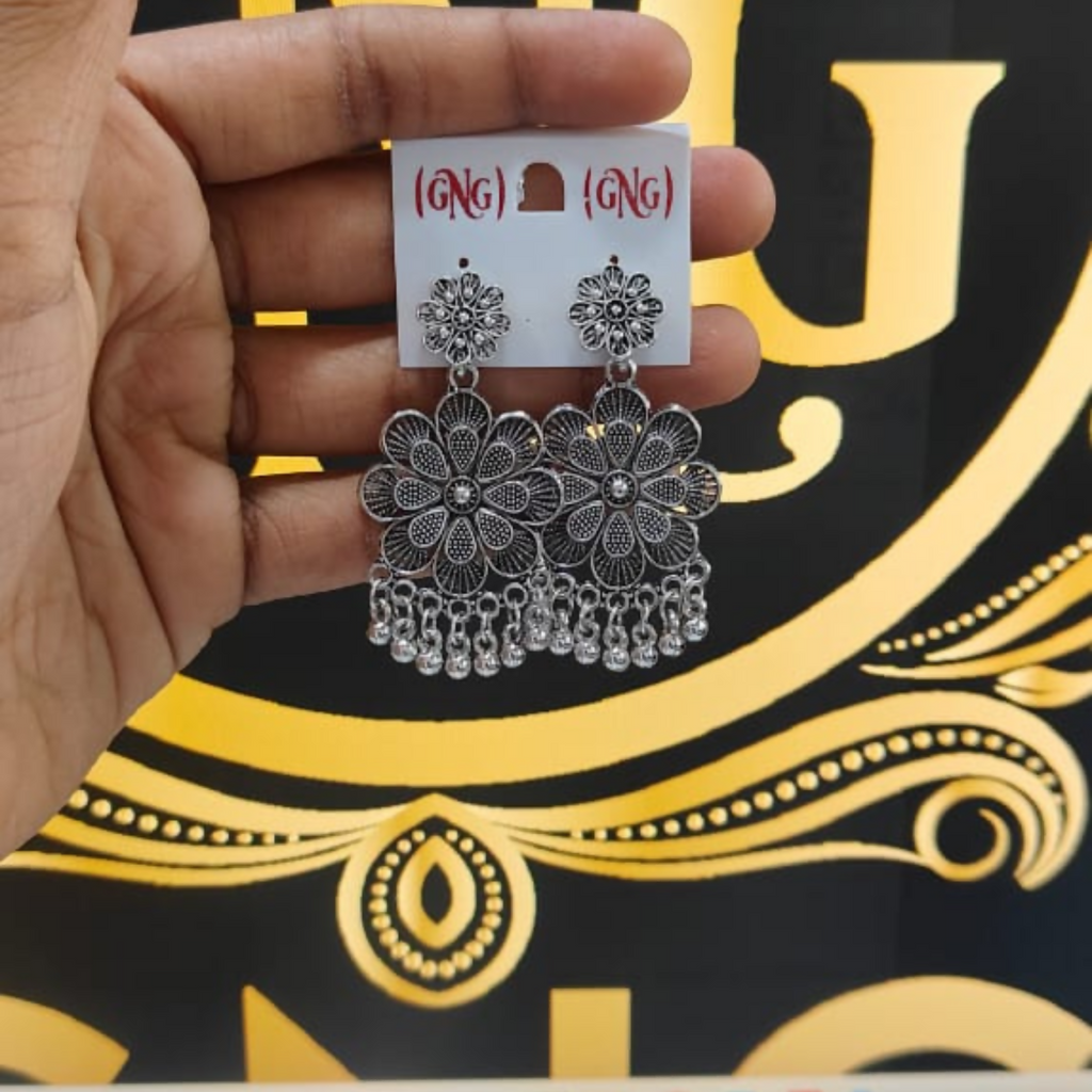 Oxidised Silver Jhumka Earrings – Layered Floral Design