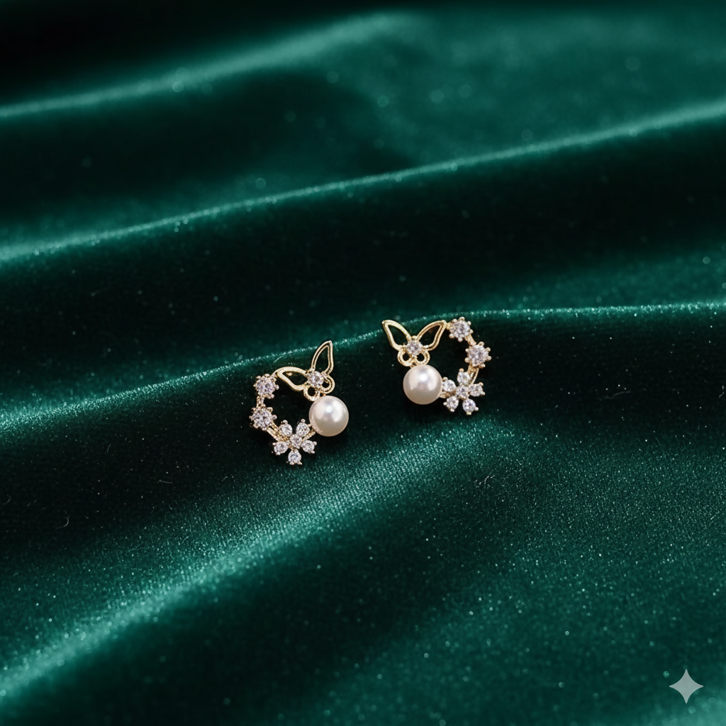 Pearl Wreath Stud Earrings – Elegant Gold-Tone for Women