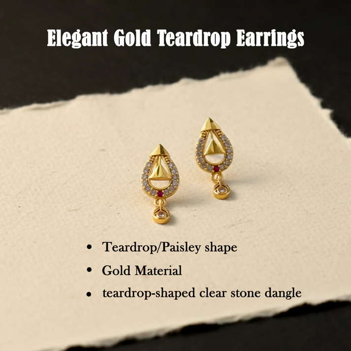 Teardrop Gold Earrings – Elegant Cutwork Design with Hanging Stone