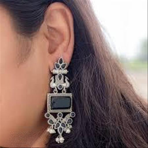 Oxidised Silver Peacock Earrings with Black Stones and Pearl Drops for Women Girls