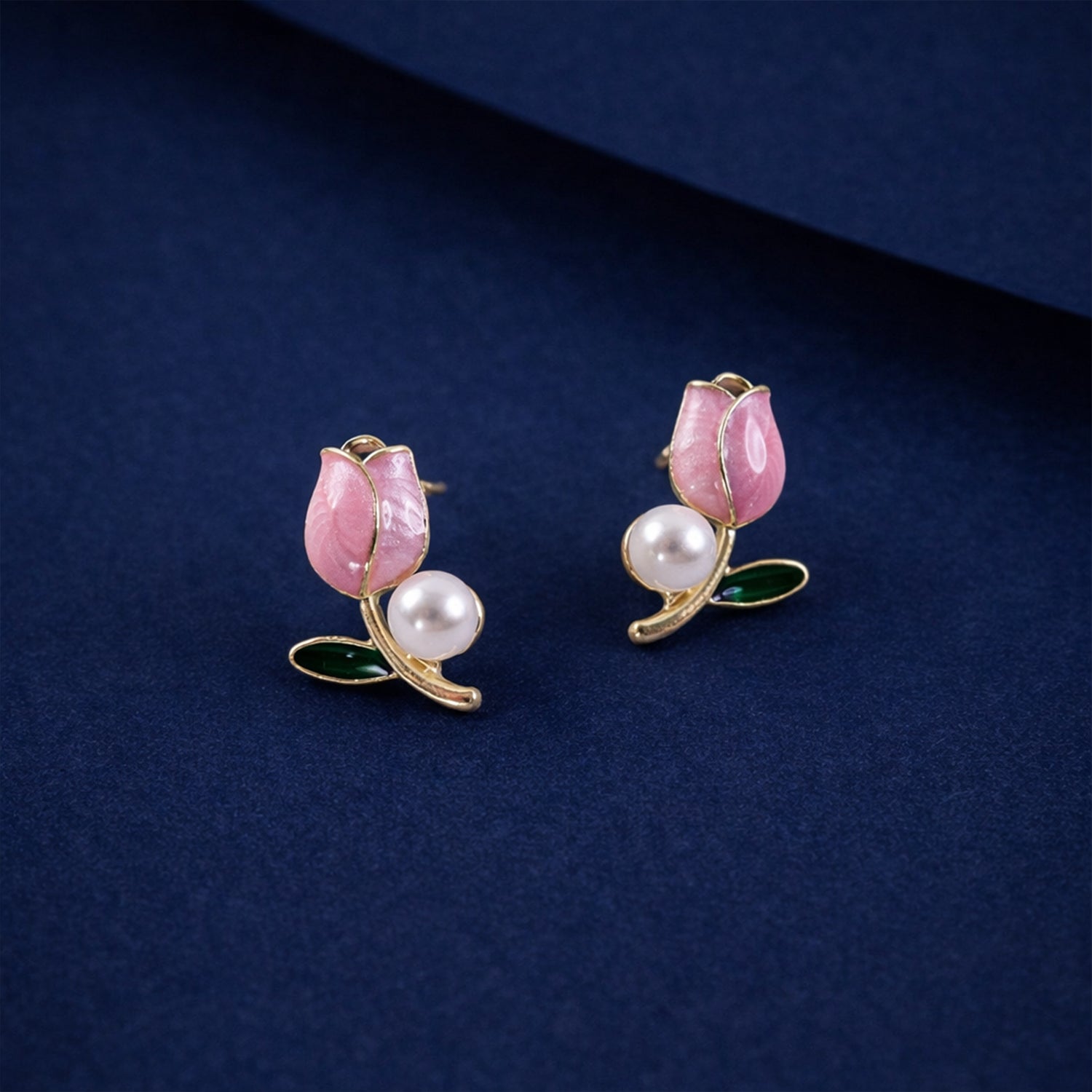 Pink Tulip Pearl Earrings – Elegant Gold Plated Studs