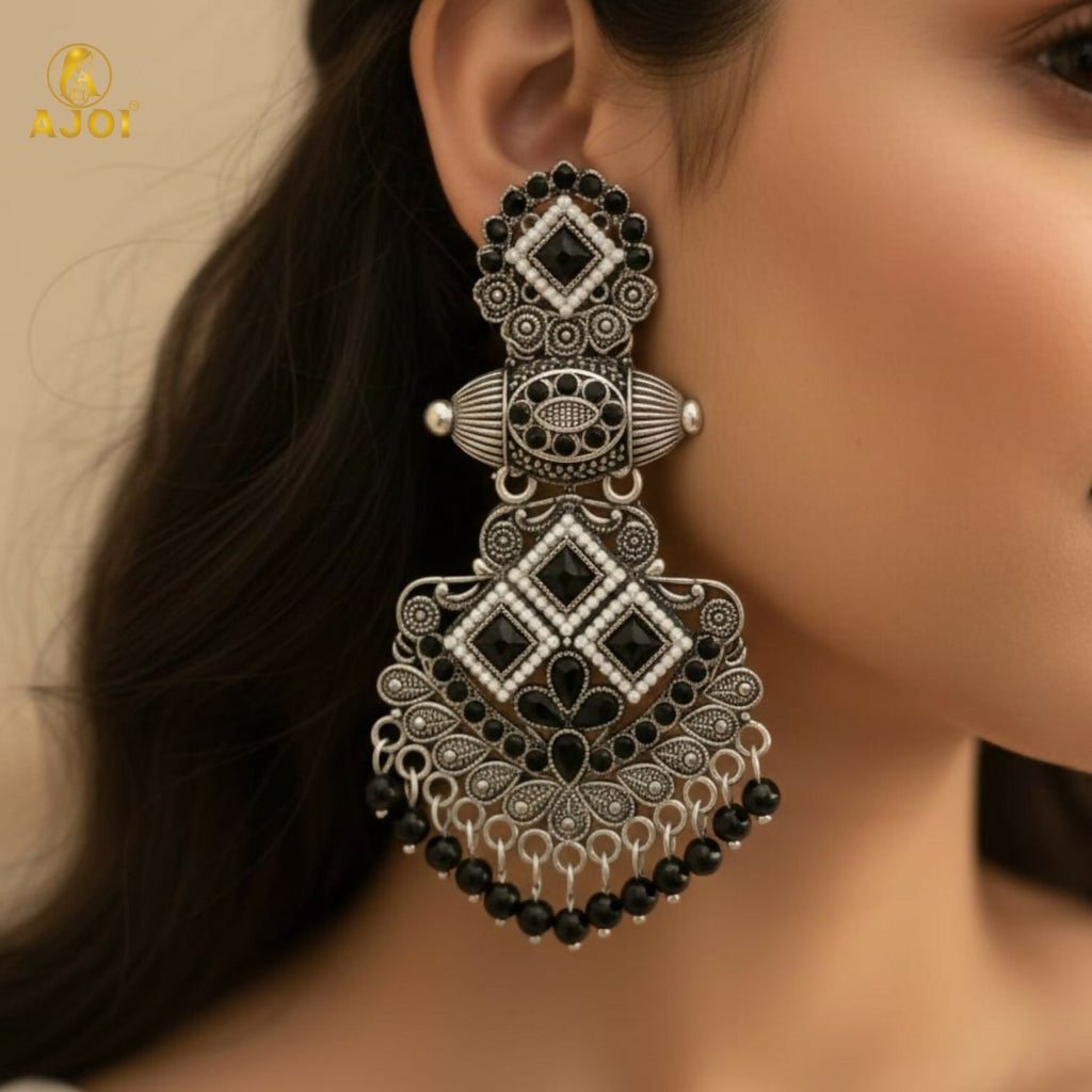 Oxidized Silver Chandbali Earrings – Elegant Black Stone Design