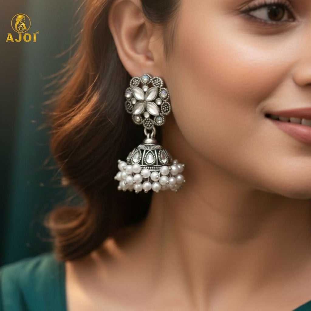Silver Oxidized Floral Jhumka Earrings – Elegant Pearl Drops Design